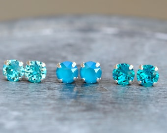 Teal Blue Turquoise, Teal Bridesmaid Studs, Blue Zircon, Turquoise earrings, Swarovski Crystal Studs, 8mm, Set of Three, You Choose Colours