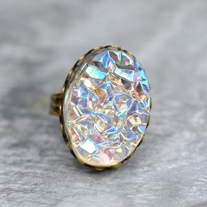 Pastel Rainbow Ring, Druzy Ring, Aurora Borealis Ring, Vintage Cocktail Ring, Adjustable Ring, Vintage Rocky Top Glass Ring, Rainbow Ring