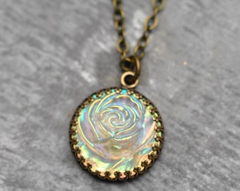 Vintage Rose, Aurora Borealis Frosted Rose Necklace, Crown Victorian, Iridescent Glass, Carnival Glass, Frosted Glass Pendant, Gardener Gift