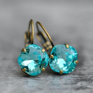 Light Turquoise Earrings, Crystal Earrings, Made with Swarovski, Cushion Earrings, Rhinestone Earring, Turquoise Blue Earrings ,10mm, Gift