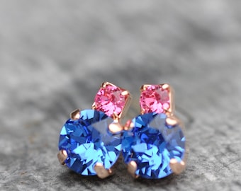 Sapphire Pink Stud Earrings, Swarovski Crystal Studs, Blue and