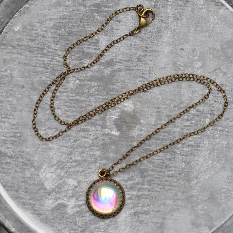 Rainbow Necklace, Aurora Borealis Necklace, Mermaid Jewelry, Glass Bubble, Pastel Rainbow, Vintage Pendant, Bubbles, Mashugana, Gift For Her image 3