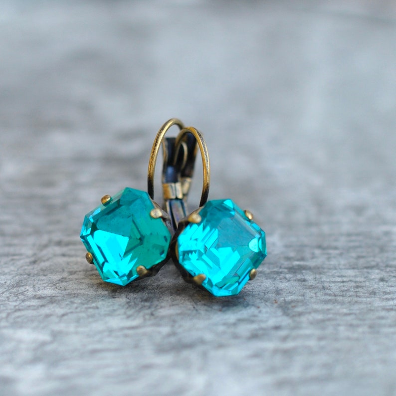 Teal Dangle Earrings, Made with Vintage Swarovski crystal, Vintage Teal Earrings, Blue Zircon Earrings, Teal Crystal Dangles, Teal bridal image 7