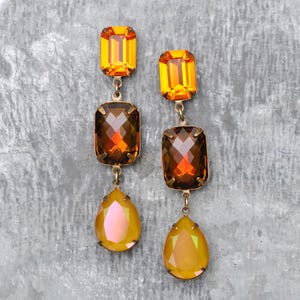 Topaz Earrings, Golden Yellow, Orange Rainbow, Swarovski Crystal Earrings, Fiesta Dangles, Large Rhinestone Earrings, Stud Post or Clip ons