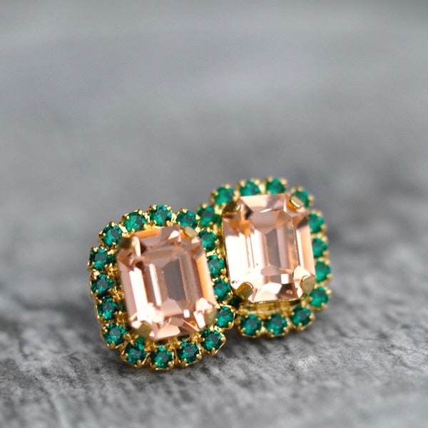 Peach Studs, Emerald Earrings, Emerald Peach, Peach Bridal, made with Swarovski, Halo Studs, Vintage Earrings, Crystal Studs, Mashugana