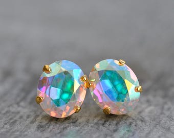 Rainbow, Swarovski Crystal Stud Earrings, Vintage Aurora Borealis, Pastel Rainbow Studs, Northern Lights, Oval Crystal Studs, Gift For Her
