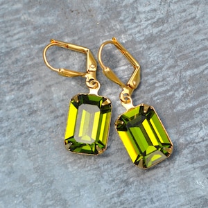 Olive Green, Green Crystal Earrings, Swarovski Crystal Earrings, Olive Rectangle Earrings, Rhinestone, Gift For Her, Green Gift, Gardener
