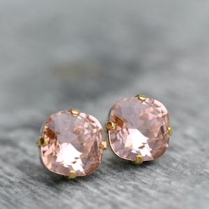 Rose Pink, Vintage Rose Earrings, Pink Crystal Earrings, made with Swarovski, Pink Studs, Cushion Cut, 10mm, Vintage Studs, Pink Earrings