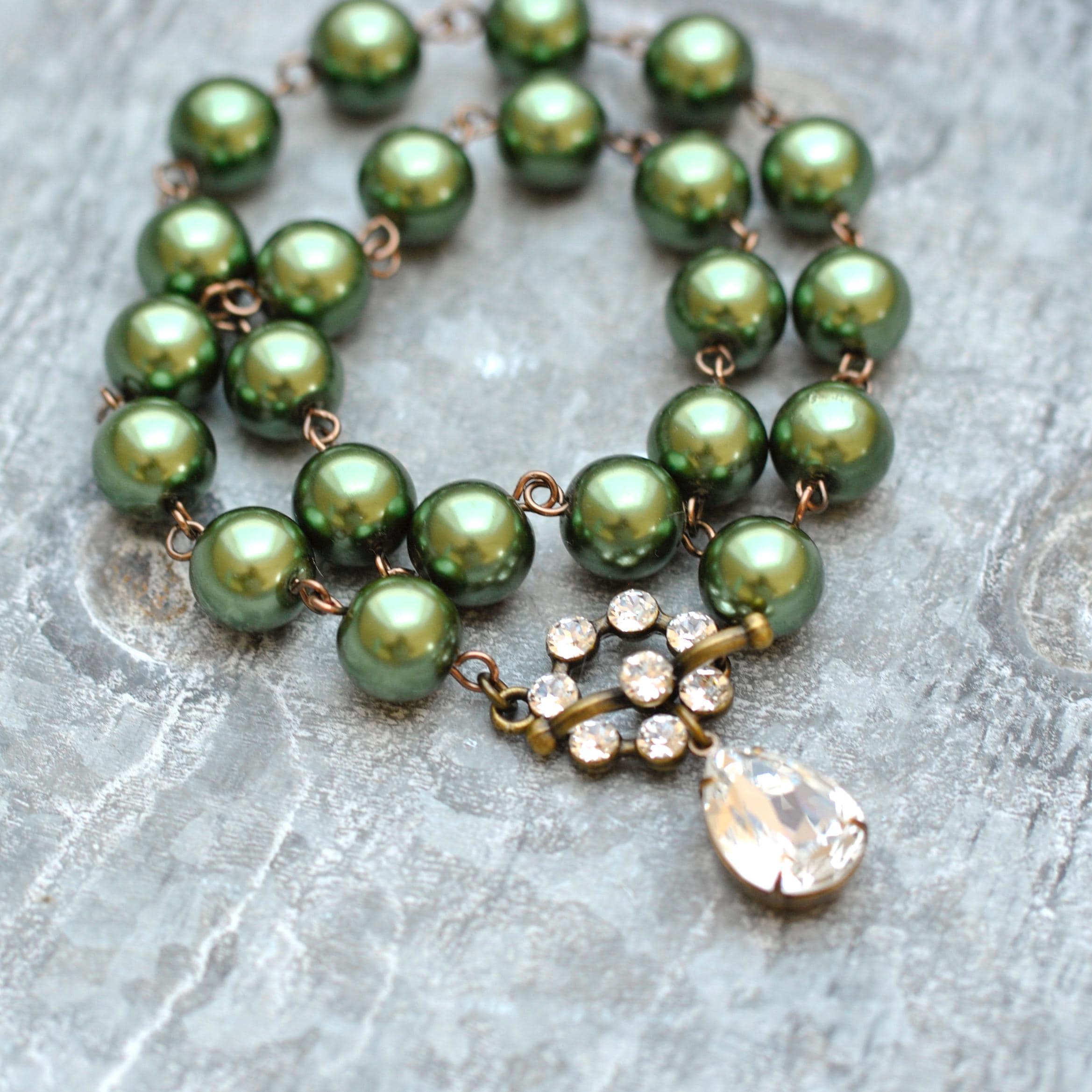 Sage Green Pearl Rhinestone Toggle Necklace, Sage Green 