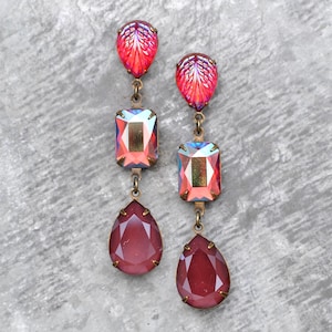 Burgundy Red, Red Rainbow Aurora Borealis, Swarovski Earrings, Fiesta Dangles, Large Rhinestone Earrings, Stud Post or Clip ons,Gift for Her