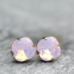 Pink Opal Earrings, Crystal Earrings, Art Deco, Made with Swarovski, Cushion Earrings, Rhinestone Earring, Rose Water Opal Earrings ,10mm