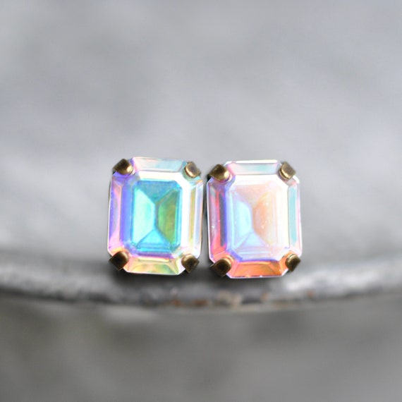 Aurora borealis, Pastel Rainbow studs, Swarovski studs, Rainbow studs, Super Sparklers, Rectangle Studs, Mashugana, Gift for her, Pastel