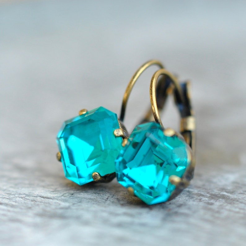 Teal Dangle Earrings, Made with Vintage Swarovski crystal, Vintage Teal Earrings, Blue Zircon Earrings, Teal Crystal Dangles, Teal bridal image 5