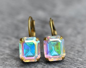 Aurora Boreale, orecchini arcobaleno pastello, orecchini con cristalli Swarovski, pendenti con chiusura a leva da tennis, orecchini arcobaleno, taglio smeraldo, regalo per lei