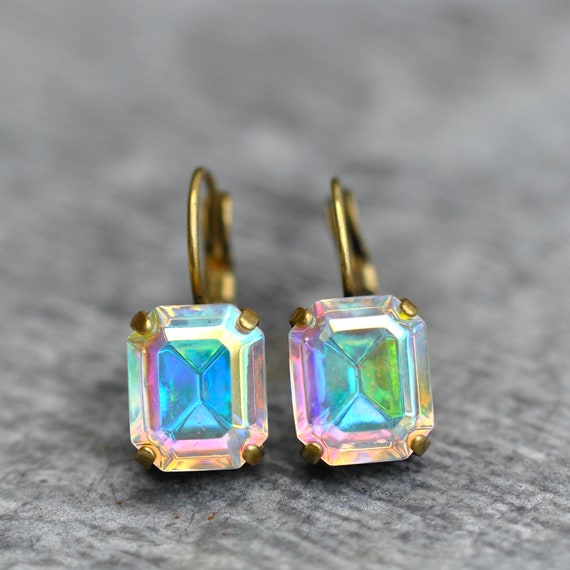 Aurora Borealis, Pastel Rainbow Earrings, Swarovski Crystal Earrings, Tennis Leverback Dangles, Rainbow Earrings, Emerald Cut, Gift For Her