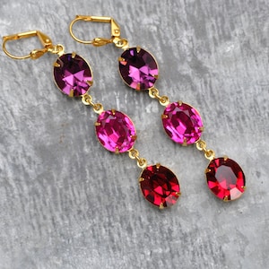 Pendientes de rubí ombré rosa y morado, pendientes de cristal Swarovski, pendientes largos de diamantes de imitación, pendientes rosa intenso, con cierre de palanca o clip, regalo