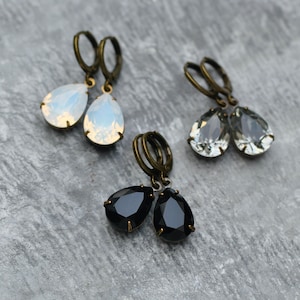White Opal Grey Black Diamond Jet Drop Earrings Huggie Hoops made with Swarovski Crystal Earrings Black Gray Crystal Dangles Pear Earrings