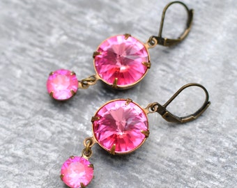 Pink Earrings, Rose Pink Swarovski Earrings, Lotus Flower, Savannah Sparkers, Crystal Earrings, Art Deco, Mashugana, Gift For Her, February