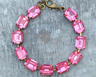 Pink Bracelet, Vintage Swarovski Bracelet, Rose Pink Rhinestone Tennis Bracelet, Orange Pink, Emerald cut Bracelet, October Birthstone Gift