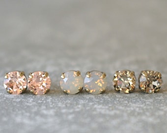 Blush Rose Neutral Bridal Stud Earrings Vintage Rose Bridesmaid Jewelry Swarovski Crystal 8mm Stud Earrings Set of Three You Choose Colors