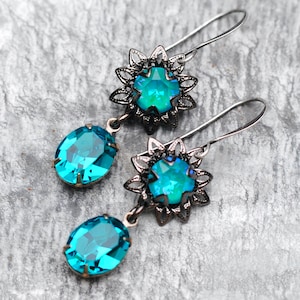Teal Blue Earrings, made with Swarovski, Crystal Blue Zircon Earrings Vintage Saffron Sparklers Antique Silver Flower Turquoise Gift