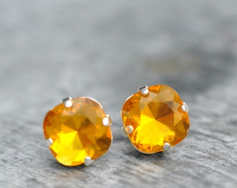 Topaz Stud Earrings, Yellow Stud Earrings, Crystal Earrings, made with Swarovski, Cushion Cut, 10mm, Vintage Earrings, November Birthstone