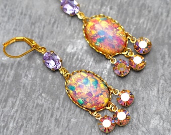 Brincos de Opala, Brincos de Vidro Opala Rosa com Borla, Pingentes de Vidro Vintage, Swarovski Lavanda Arco-Íris, Aurora Boreal Laranja, Presente para Ela, Outubro