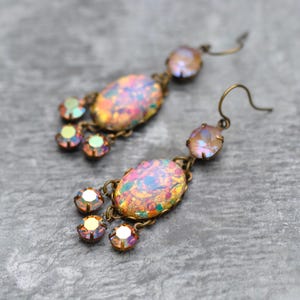 Opal, Pink Opal Glass Tassel Earrings, Vintage Glass Dangles, Swarovski Caramel Rainbow, Orange Aurora Borealis, Gift For Her, October