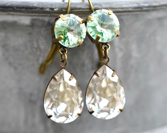 Mint Silver, Crisp Celery Green Earrings, Silver Shade, Swarovski Crystal Earrings, Josephine, Crystal Earrings, Rhinestone Dangles, Green