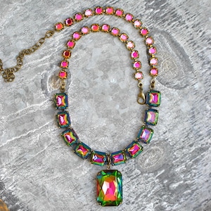 Rainbow Necklace, Swarovski Rhinestone Pendant, Crystal Rhinestone Tennis Necklace, Joel Tone Rainbow Pendant, Vintage Emerald Cut necklace