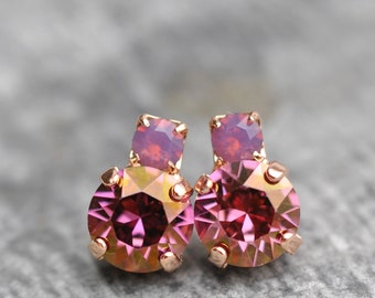 Purple Earrings, Swarovski Crystal Earrings, Lilac Shade, Opal Studs, Cyclamen Opal, 8mm, Crystal Studs, Gift For Her, Doublet, Opal Gift