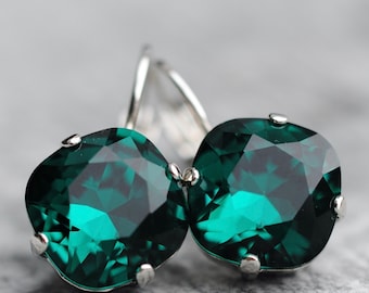 Smaragdgrüne Ohrringe, Kissenohrringe, Strassohrring, mit Swarovski-Kristall, Smaragdohrringe, Superwunderkerzen, 12 mm, Geschenk
