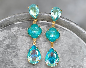Aquamarine Blue Earrings, made with Swarovski, Turquoise Crystal Earrings, Fiesta Dangles, Rhinestone earrings, Stud Post or Clip ons, Aqua