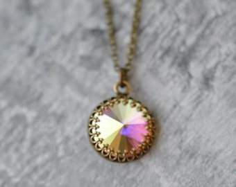 Pink Aurora Borealis Pendant, Crown Victorian, Victorian Necklace, Vintage Pendant, Swarovski pendant, Crystal Aurora Borealis, gift