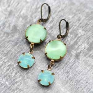 Vintage mint green moonstone earrings, made with Swarovski rare vintage pacific opal, Mint dangle earrings, moonstone earrings, gift for her