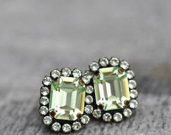 Mint, Green Studs, Mint Green Earrings, Mint Rhinestone Studs, made with Swarovski, Halo Studs, Vintage Earrings, Crystal Studs, Mashugana