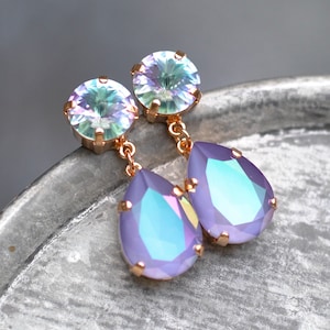 Rainbow Rhinestone Earrings, Purple Blue Rainbow, Swarovski Earrings, Crystal Chandelier Studs, Mashugana, Gift For Her, Lavender Purple