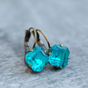 Teal Dangle Earrings, Made with Vintage Swarovski crystal, Vintage Teal Earrings, Blue Zircon Earrings, Teal Crystal Dangles, Teal bridal image 3