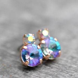 Pendientes de cristal arcoíris pastel, dobletes de cristal Swarovski de 8 mm, arcoíris morado y azul, regalo pastel, regalo para mamá.