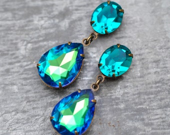 Teal, Teal Earrings, Blue Zircon, Swarovski Earrings, Duchess Hourglass, Blue Rainbow Drops, Stud Post or Clip On Earrings, Gift For her