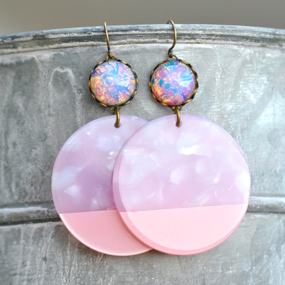 Large Disc Earrings, Pink Earrings, Opal Earrings, Vintage Earrings, Statement Earrings, Mother of Pearl Hoops, Hoops, Fire Opal Earrings