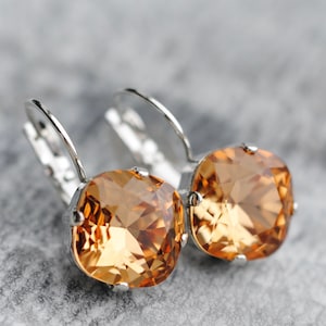 Champagne Earrings, Crystal Earrings, Cushion Earrings, Rhinestone Earring, Made with Swarovski Crystal, Light Colorado Topaz, 12mm, gift