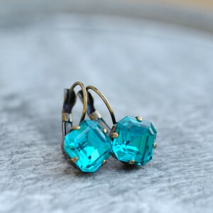 Teal Dangle Earrings, Made with Vintage Swarovski crystal, Vintage Teal Earrings, Blue Zircon Earrings, Teal Crystal Dangles, Teal bridal image 2