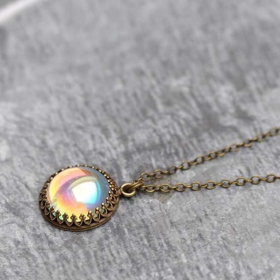 Rainbow Necklace, Aurora Borealis Necklace, Mermaid Jewelry, Glass Bubble, Pastel Rainbow, Vintage Pendant, Bubbles, Mashugana, Gift For Her