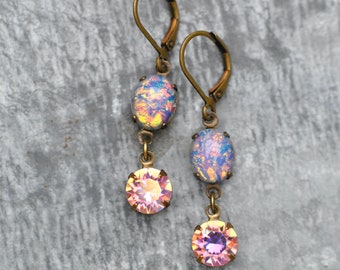 Rosa Opal Ohrringe, Rosa Regenbogen Ohrringe, Made with Swarovski, Aurora Borealis Ohrringe, Pastell Regenbogen, Vintage Opal Ohrringe, Oktober