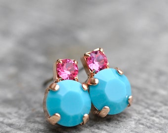 Pink Turquoise, Turquoise Studs, Swarovski Crystal Studs, Opaque Turquoise Crystal, Sweet Rose Pink, Gift For Her, Sleeping Beauty, Doublet