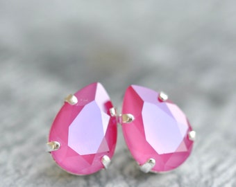 Pink Studs, Pink Pear Earrings, Peony Pink, made with Swarovski, Teardrop studs, Crystal Studs, Pink Crystal Stud Earrings, Gift, Hot Pink