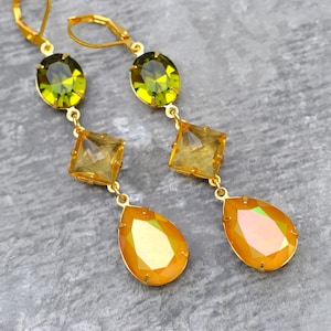 Buttercup Crystal Dangle Earrings, Green Yellow Long Rhinestone Dangle Earrings, Yellow Crystal Earrings, Olive green Gift, Fiesta Earrings