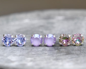 Lavender, French Lavender Lilac Purple Rainbow Studs, Swarovski Crystal 8mm Stud Earrings, Set of Three, You Choose Colours, Bridesmaid Gift