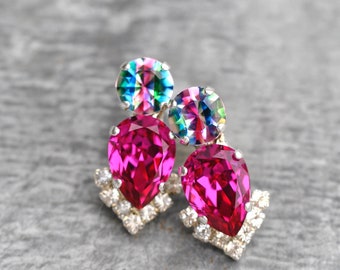 Hot Pink Crystal Studs, Vintage Givre, Swarovski Studs, Pink Earrings, Teardrop Earrings, Pink Pear Stud Earrings, Striped, Pink Green Blue